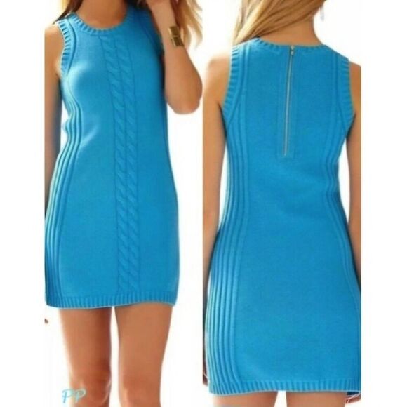 Lilly Pulitzer Elise Ariel Blue Cable Knit Sweater Mini Shift Dress Size Medium - Picture 3 of 10